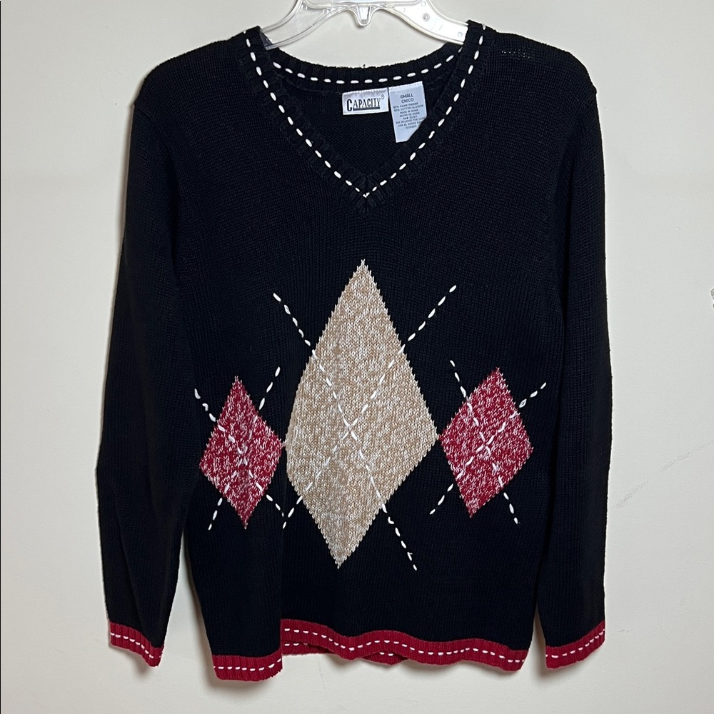 Size Small Black V Neck Argyle Long-sleeve Tight Knit Women’s Sweater